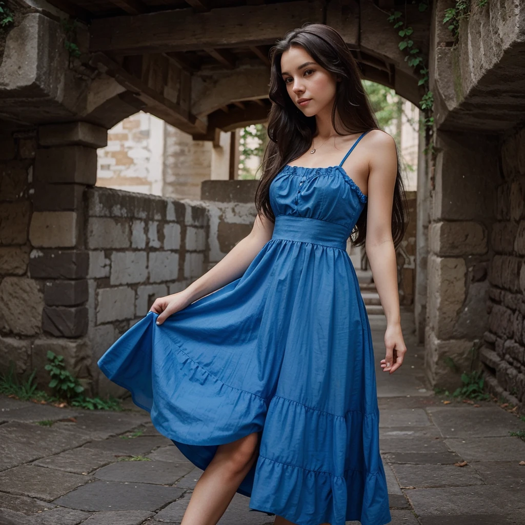 Draw a girl with long dark hair in a beautiful blue dress