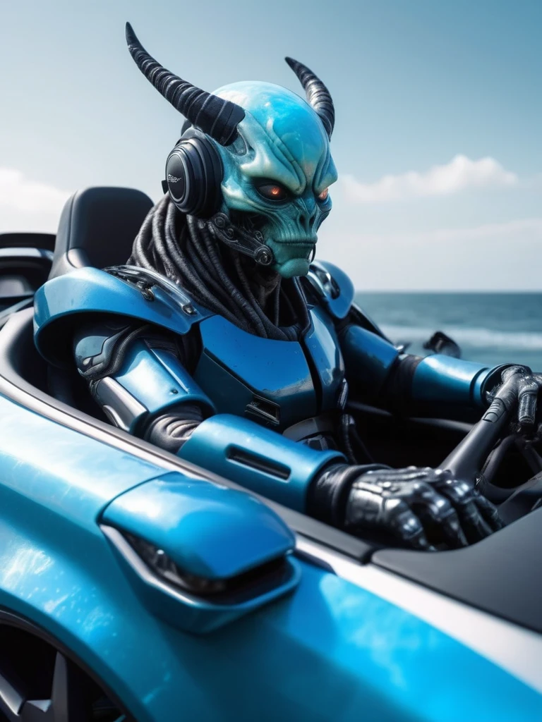 ral-opal, meahophontron, alien demon, with cyberpunk armor, (posing for the camera in a super sports car) blue colors, black, gray with soft tones, background image: (driving through the sea)