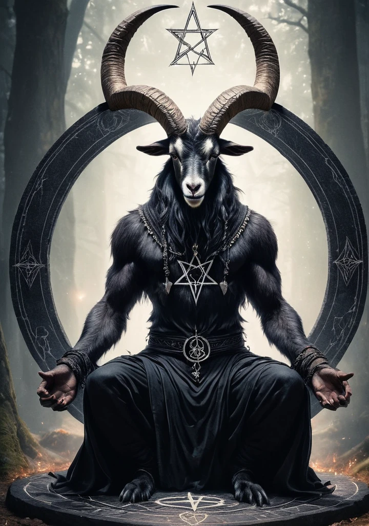 Baphomet, RAW photo of an anthro goat drawing a summoning circle, pentagram, innocent, super detail, ultra-realism, Dreamyvibes Artstyle,