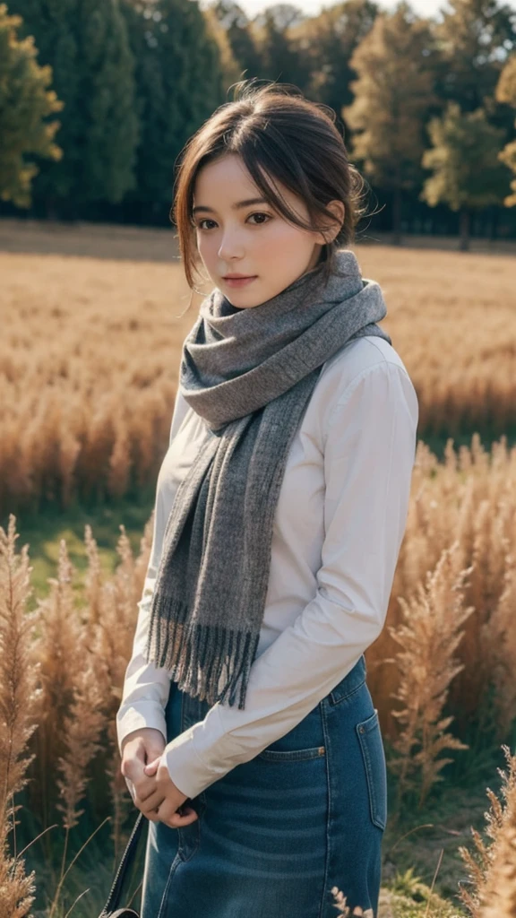 8k, Highest quality, masterpiece, Realistic, Super detailed, photo Realistic, Improvement of quality, 
Photo of a girl standing in a field wearing a scarf, The designer&#39;s dark and gloomy style, Large chunk, Photobash, Calm face, Jagged Edges, navy, Natural Beauty, Close-up shot of Son Goku Gender reversal
