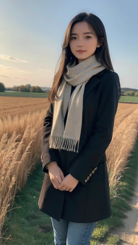 8k, Highest quality, masterpiece, Realistic, Super detailed, photo Realistic, Improvement of quality,
Photo of a girl standing in a field wearing a scarf, The designer's dark and gloomy style, Large chunk, Photobash, Calm face, Jagged Edges, navy, Natural Beauty, Close-up shot of Son Goku Gender reversal