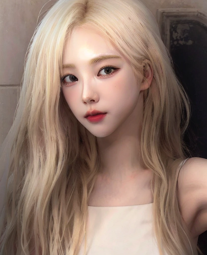 blond woman with long hair and white tank top taking a selfie, pale hair, very very pale blond hair, her hair is white, extremely pale blond hair, pale porcelain white skin, with white long hair, white hime cut hairstyle, pale glowing skin, korean girl, roseanne park of blackpink, girl with white hair, with long white hair, ash blond hair