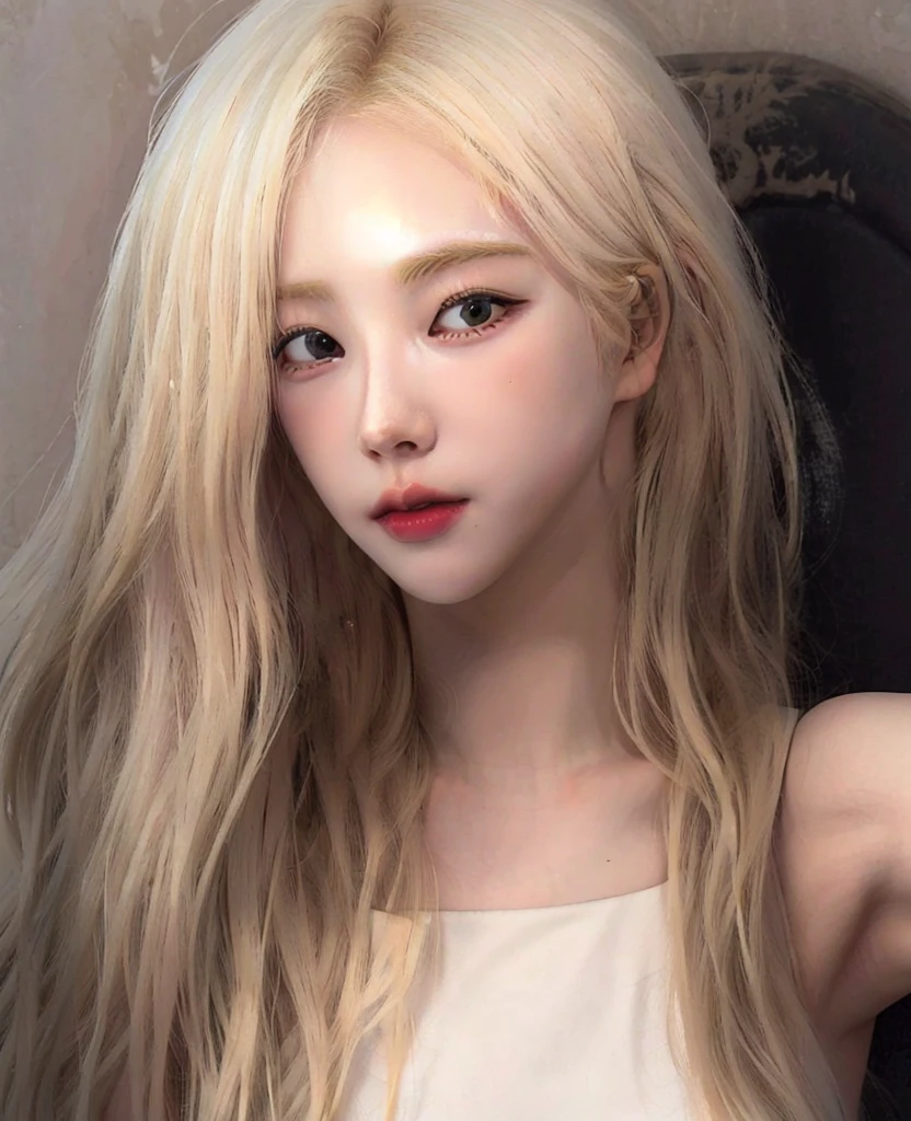 blond woman with long hair and white tank top taking a selfie, pale hair, very very pale blond hair, her hair is white, extremely pale blond hair, pale porcelain white skin, with white long hair, white hime cut hairstyle, pale glowing skin, korean girl, roseanne park of blackpink, girl with white hair, with long white hair, ash blond hair