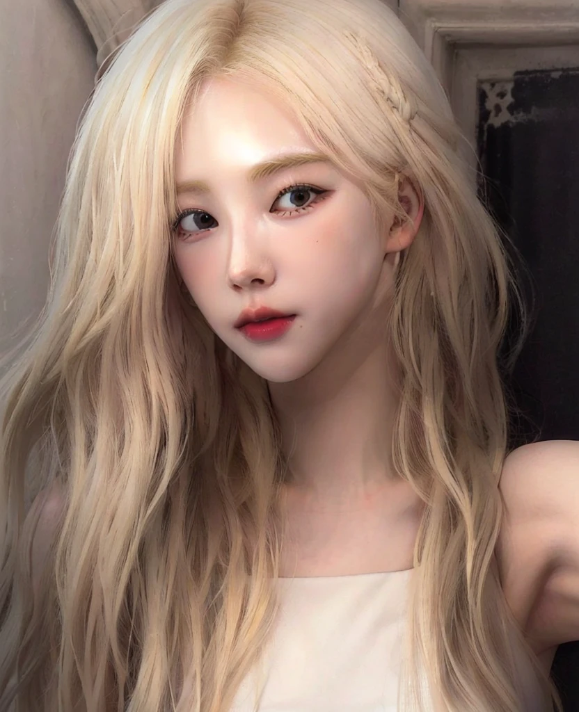 blond woman with long hair and white tank top taking a selfie, pale hair, very very pale blond hair, her hair is white, extremely pale blond hair, pale porcelain white skin, with white long hair, white hime cut hairstyle, pale glowing skin, korean girl, roseanne park of blackpink, girl with white hair, with long white hair, ash blond hair