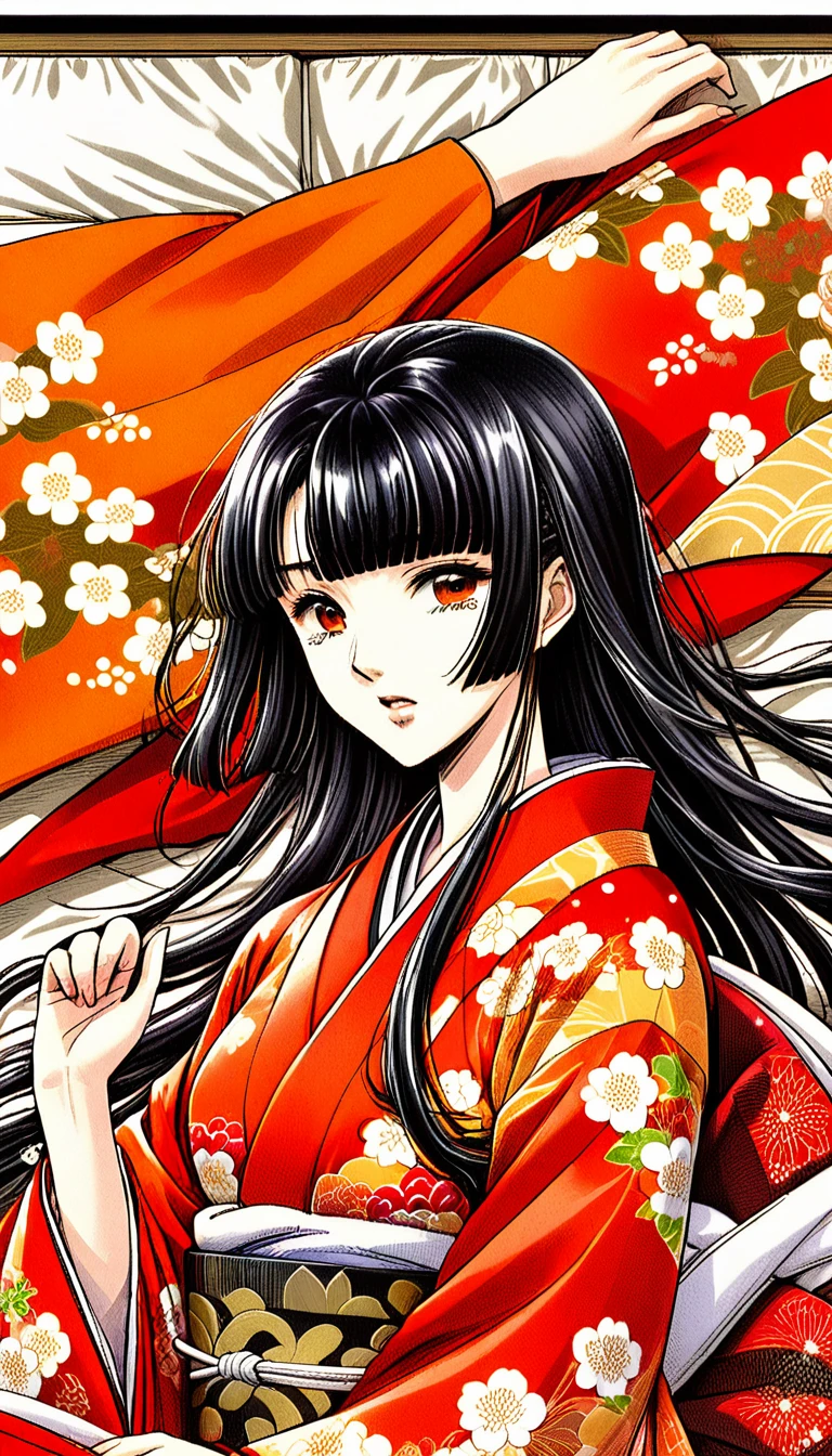 Close-up of a woman with black straight hime cut hair wearing a red and orange dress, Red kimono with flower patterns, From the Sengoku period, Long and beautiful kimono, Flowing hair and long, super shiny robes, Red kimono, Japanese Kimono, Wearing Imperial Kimono, Wearing kimono and armor, In kimono, Safety, kimono, Hakama kimono, Inspired by Fujiwara Takanobu, pale and colouRed kimono　She is laid down on the futon, exposing her nipples, writhing and crying.