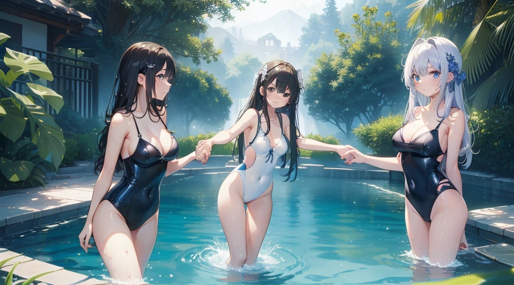 (Highest quality、detailed、Masterpiece、８K)、((５Cute woman in person))、Standing in the pool holding hands、((water surface；０．４))、slender、Wet Skin、Shiny sexy swimsuit