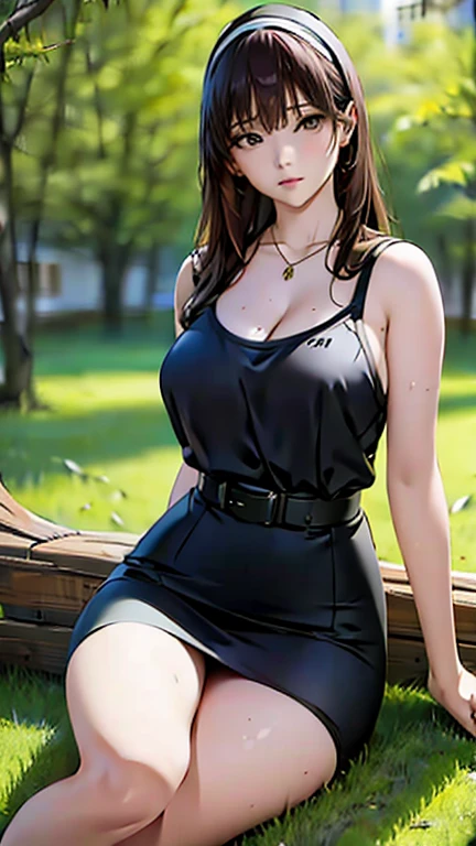 ((Highest quality、masterpiece、8k、Realistic、超High resolution、Very delicate and beautiful、High resolution、Cinema Lighting))、hourglass figure:1.6、Big Breasts 、((Cleavage、Short black pullover:1.6, Grey pencil skirt, White hair band:1.8, Black belt around the waist))、((Long reddish brown hair:1.6 、Hazel Eyes)), On all fours:1.8