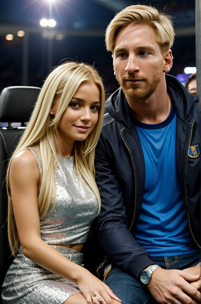 blonde girl with Messi&#39;s t-shirt playing Playstation 5 with headphones and she is a 13-year-old girl 