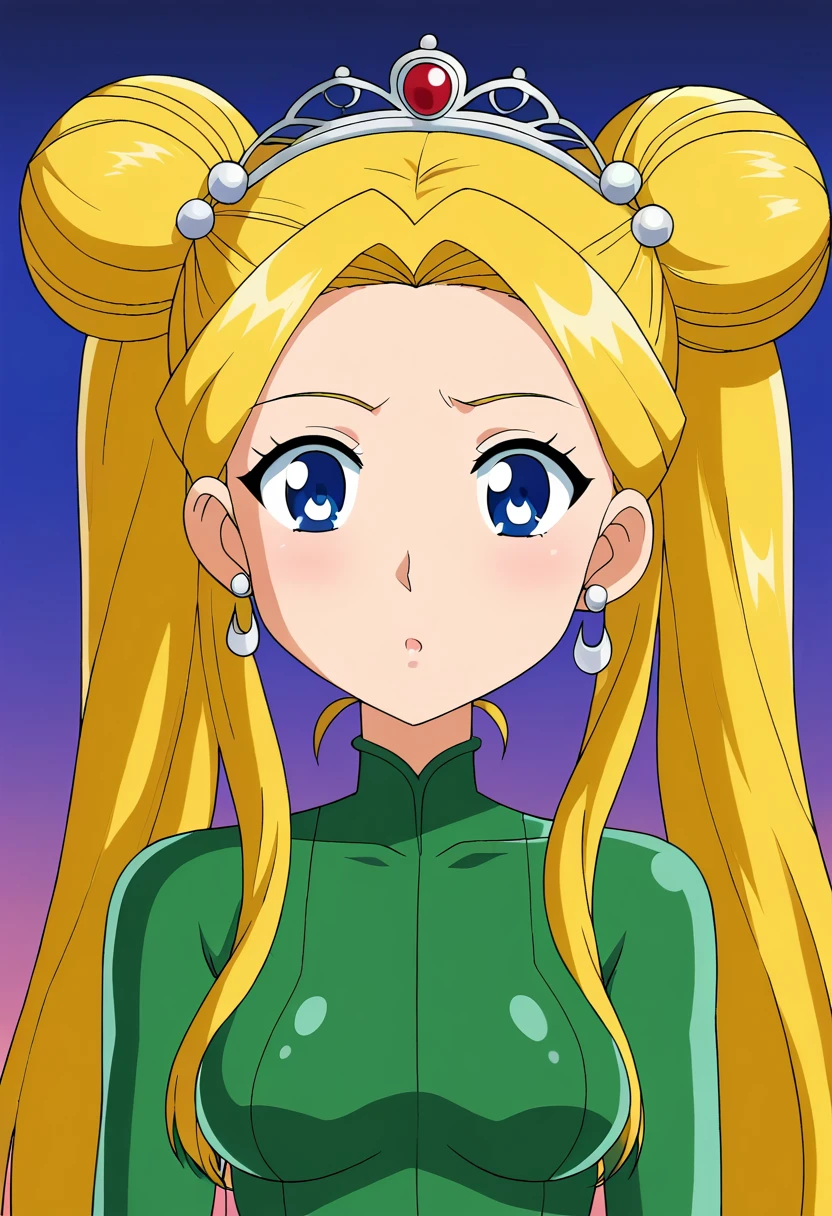 aausagi, long hair, double bun, twintails, parted bangs, blonde ,tiara, earrings, blue eyes, green bodysuit