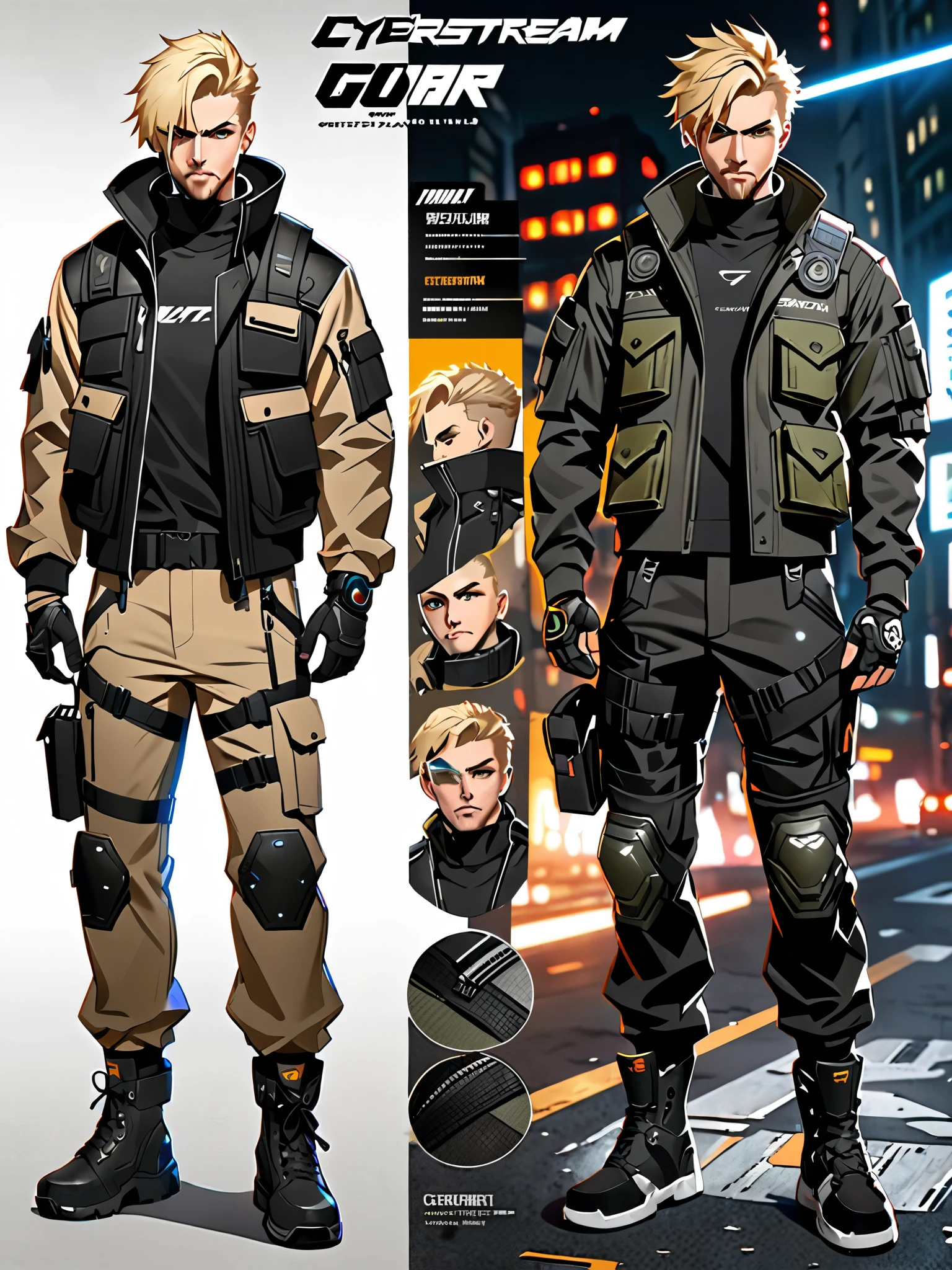 1male, blond-haired man in military uniform, cyberpunk street goon, hyper-realistic cyberpunk style, jetstream sam from metal gear, techwear look and clothes, cyberpunk streetwear, cyberpunk soldier, young blonde boy fantasy thief, soldier outfit, wearing techwear and armor, wearing japanese techwear, soldier 7 6 from overwatch, wearing cyberpunk streetwear, (green eyes). ((Character Sheet Full-Length)). ((Solo, solo focus)).