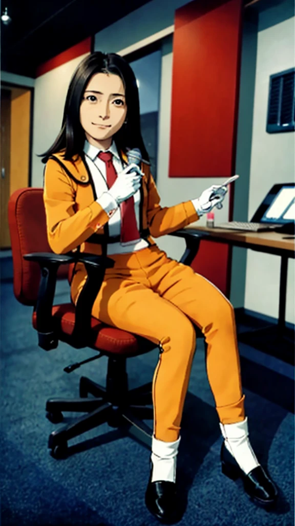 masterpiece, best quality, 独奏,1girl,looking at viewer,anime style,Inside the Science Special Search Party HQ、
fujiakiko Science Special Search Party、In front of the computer at headquarters、Wearing white gloves、At work、Give instructions through a microphone、Photograph from the front、beautiful、Sitting in a chair