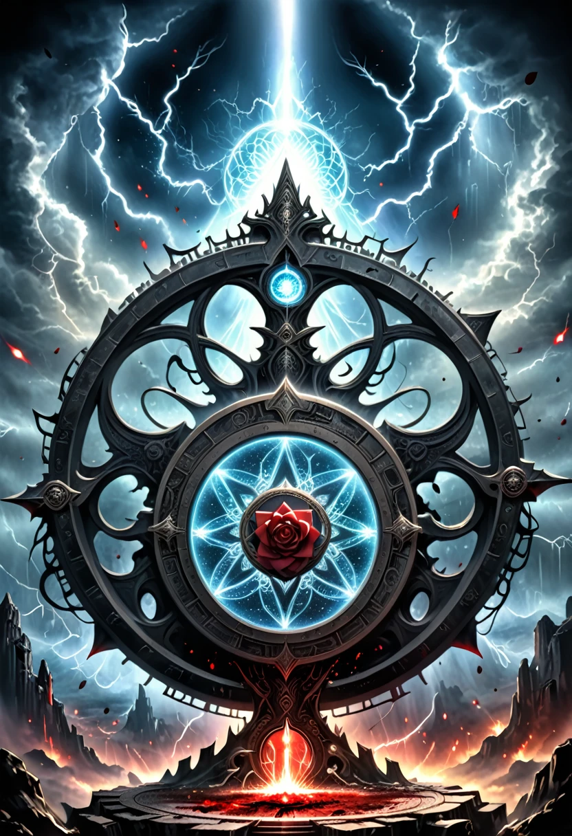 Lotus Altar，Blood spread，Strange Circle Event，Blood splatter，Pure cosmic energy transparent magic circle，Magic disc，The Wheel of Time and Space，Halo，Electric wheel，Polygons drawn with magic，Epic Fantasy，Epic surrealism，Epic Thunder Magic，Magnificent Totem，Gorgeous and mysterious magic light，Epic Black Magic，Grand Gothic style、Rainbow Colors、Rose