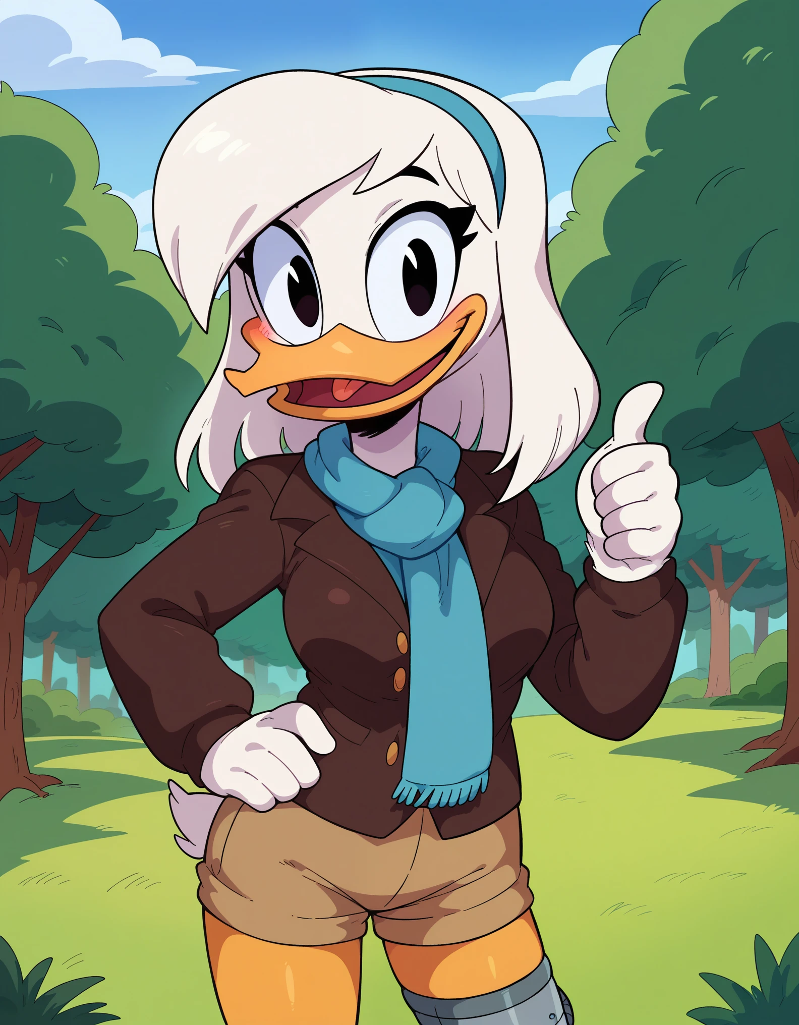 score_9, score_8_up, score_7_up, score_6_up, best quality, highres, source_furry, BREAK
ppp:0.7 drockdraw BREAK
1girl, outside, grass, tree, mature female, solo, furry, duck, della duck, beak, white skin, white body, white hair, shoulder length hair, hair band, smile, suit jacket, bomber jacket, teal scarf, tan shorts, black eyes, thumbs up, looking at viewer, orange legs, cybernetic leg, standing, happy, smile, blush, looking at viewer, open smile, tongue, breasts, looking at viewer, 