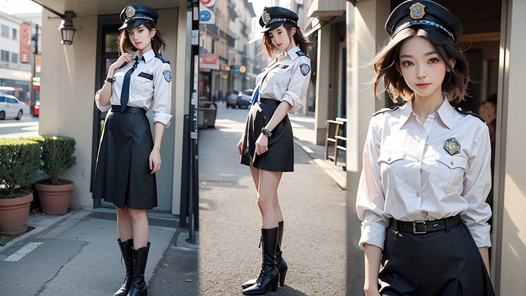 Highest quality、masterpiece、8k、Realistic、超High resolution、Very delicate and beautiful、High resolution、Cinema Lighting、medium range shooting、Portraiture、Perfect female body、Beautiful woman、Mature Woman、Put your hands on your head、View your viewers、((Standing position:1.6))、Medium chest、Cityscape、(Short Bob:1.8、Brown Hair)、((Female police officer:1.4、uniform、limited cap、uniformのボタン、tie、uniformのジャケット))、Police Vehicles、Baton、handcuffs、wireless、Best、Leather shoes、Name tag、uniformのパッチ、防弾Best、Police Badge、skirt、boots、gun、Police Badge、Epaulettes、uniformのskirt
