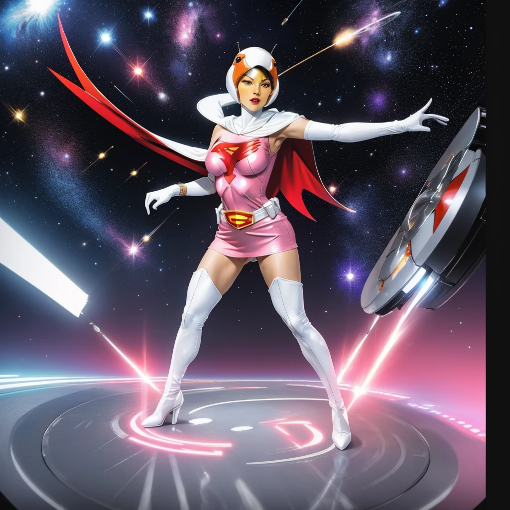 ANI_CLASSIC_jun_gatchaman_ownwaifu,1girl, 18yo,good anatomy, masterpiece, best quality,realistic, hyper realistic, 16k hdr, long hair,breasts,lips,large breasts,lipstick,makeup,gloves,cape,helmet,belt,elbow gloves,white gloves,mask,ultra miniskirt,leotard,spacesuit,white tight overknee highheels boots,pink dress,superhero,bodysuit,cleavage,erected nipples,(standing pose,front view),(spread legs:1.1),cameltoe