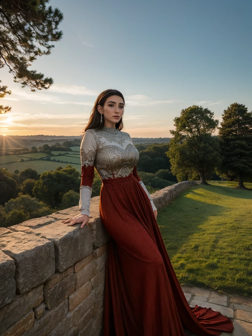 Beautiful and regal, imperious and aloof, busty athletic (thin) brunette queen with sharp facial features wearing a modest updo, dark red medieval dress, long sleeves, intricate patterns, embroidery, wide neck, crown, veil, long dress, tight bodice, (silver waist chain), medieval jewelry, Middle Ages, castle, rampart, wall, exterior, on top of a castle wall, trees, countryside, evening, sunset.