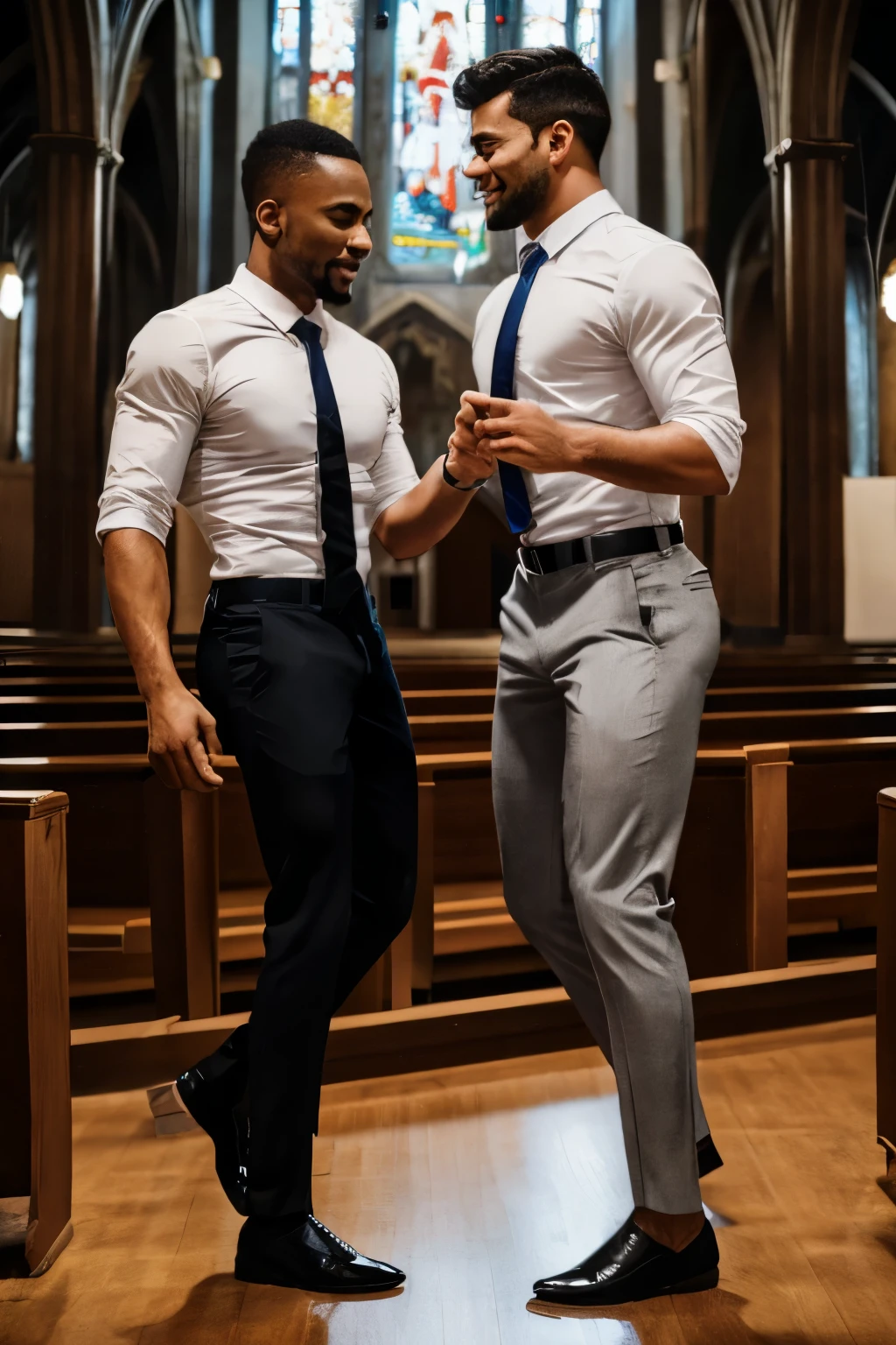 magem de two men dancing dentro de uma church, church, ((PICTURE REALISTIC)) two men dancing, clothes that are tight against the skin, (cinematographic image))