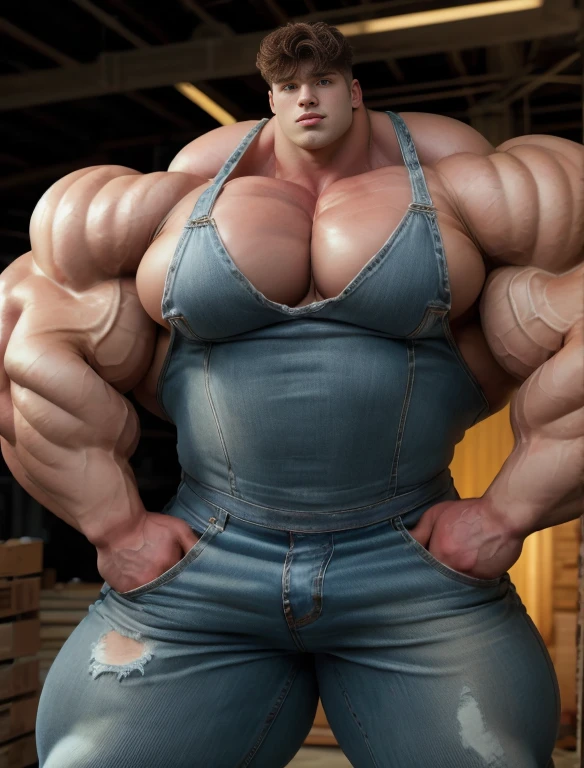 1boy, giant, giant bodybuilder, stand, illuminating light, strong body, bulk, large size, staring, standing, in the whiet photo studio, ivory tanktop and jeans pants, prominent bulge, extraordinary big, brutalmass, giant, muscular body, bulk, buff, massive body, large meaty body size, extremely wide body