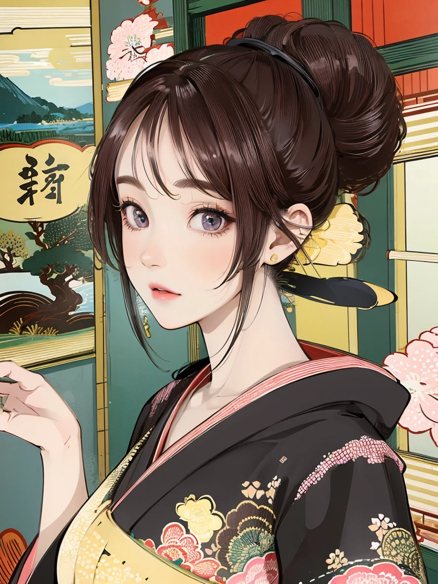 (Highest quality、 8k 、masterpiece、High resolution)、(whole body)、Vibrant colors、Brown-black bob、Traditional topknot、Ample breasts、(Highly detailed face and eyes,Beautiful Face,Beautiful Eyes,Beautiful nose,Pretty lips)、Official Art、Ukiyo-e style、 (Beautiful woman in kimono)、(Vivid floral patterned kimono)、background、river、bridge、Mountain、wood、Starry Sky、moon、plum、Lantern、