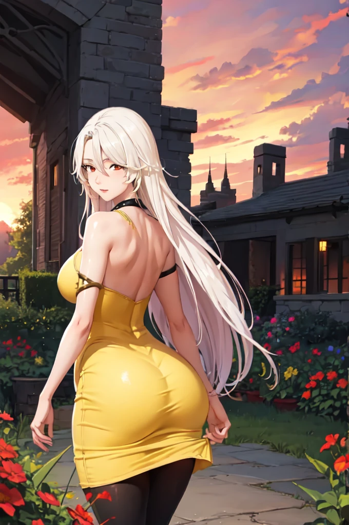 masterpiece, best quality,   sdslillia, red eyes, hair over eyes, huge breasts, from behind, (yellow sundress:1.4), garden, red sky, ass