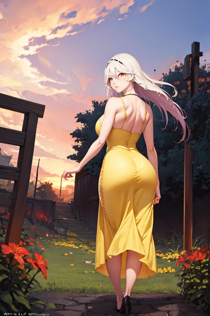 masterpiece, best quality,   sdslillia, red eyes, hair over eyes, huge breasts, from behind, (yellow sundress:1.4), garden, red sky, ass