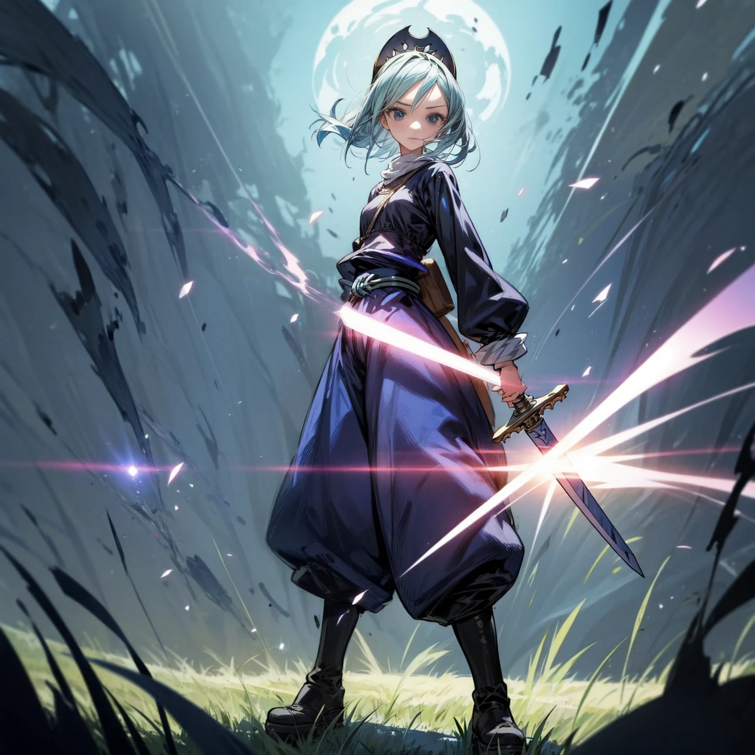 1girl, Full body version, 1character, black eyes, long Frizzy haircut, blue colour hair, medieval clothing, long pants, headband, boots, Grassroots, full background in field town, motion blur, lighting, (one piece art), standing poses, sword in hand