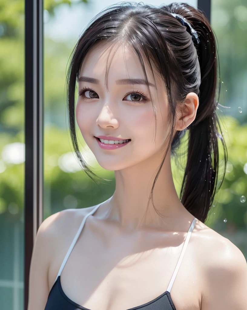 (Highest quality, 32K, High resolution, Masterpiece:1.5, ), marimo_jet, god々A photograph with brilliant dazzling and healing power., Evoking a sense of calm and elusive beauty, Expressing emotions, Have a rich imagination,Beautiful Japanese Girls, An exceptionally beautiful face, Small Face Beauty, Perfect Human Anatomy, Magical big eyes, Motherhood and generosity, Deep Love, ((fleeting smile:1.3)), Shiny black hair, ((ponytail:1.3)), Asymmetrical bangs, Hair between the eyes, Transparent, soft, wet white skin, Sharp eyebrows, Thin lashes, Natural Makeup, Cheek highlighter, Pale pink detailed lips, Sports Bra, Professional Lighting, Professional photographer, Professional models, god秘的