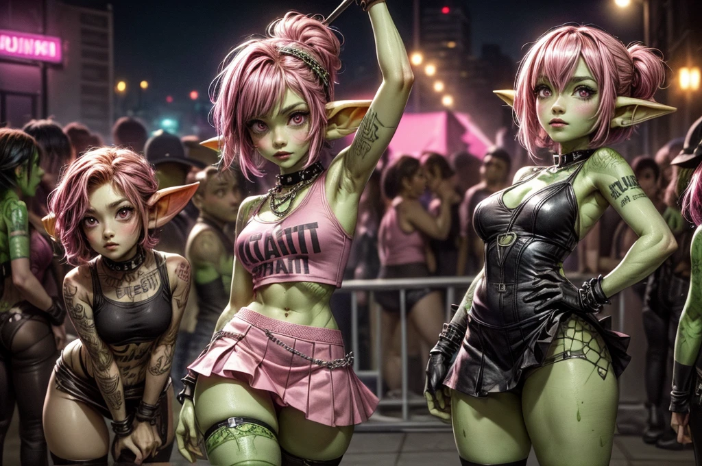 absurd resolution, ((best quality)), ((masterpiece)), (very detailed), 4k, goblin girl, hardcore punk rocker, pink hair, brown eyes, pink tank top, wearing microskirt, wearing chains, pink eye makeup, ripped fishnets, ((green skin)), small pointy ears, thigh boots, standing outside of a punk club, signing autographs for a crowd of fans, looking at viewer, holding pen and notepad, surrounded by adoring fans