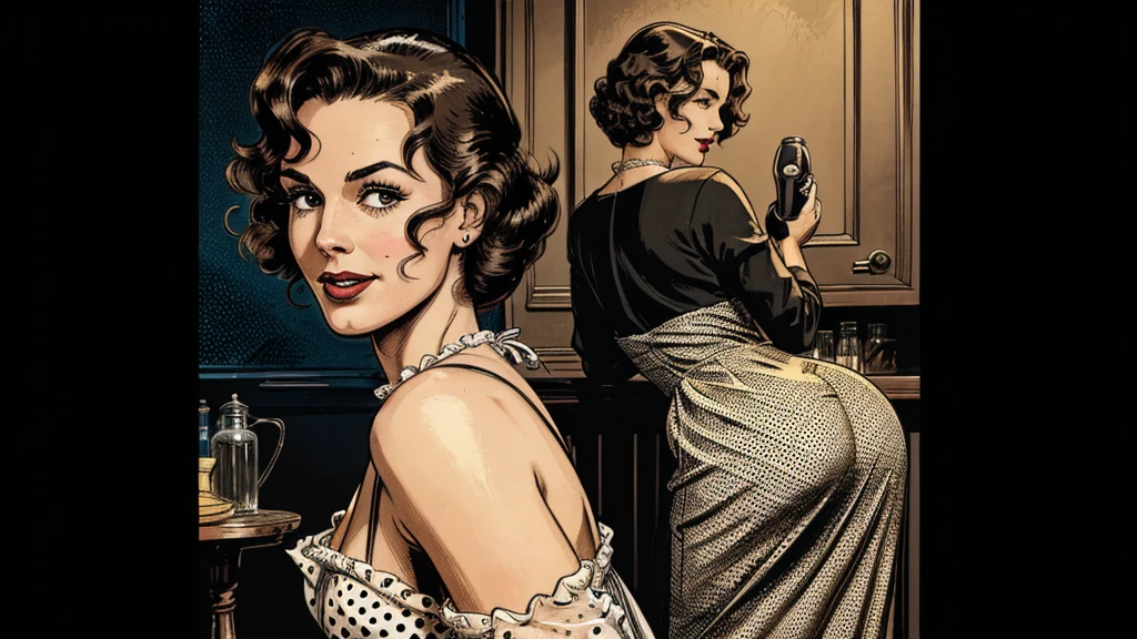 The vintage advertisement appears to celebrate 1950s domesticity at first glance. In the foreground, a smiling housewife poses holding a vintage vacuum, embodying the can-do attitude of the era's homemakers. She wears a classic polka-dot dress with a modest sweetheart neckline that hints at her shapely figure and large breasts. Perfectly coiffed brunette curls frame her made-up face.
However, a closer look reveals a darker, sinister presence. In the background is a horrible, horrible, scary, frightening monster, staring directly at the housewife's ass.
Blending the saccharine-sweet feminine ideals of the era with a full-blown sci-fi horror beyond imagination!