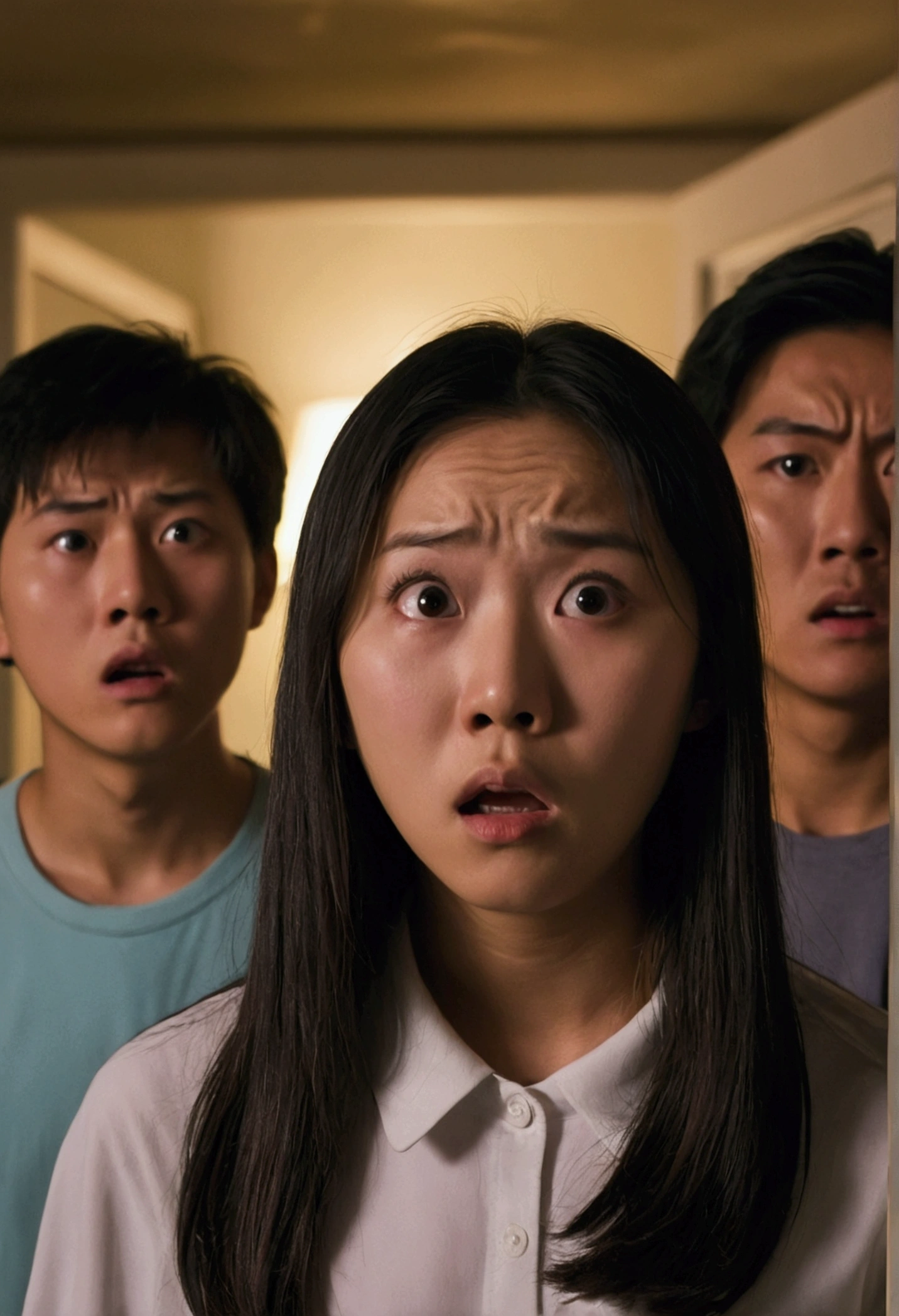 A close-up photo at night of 4 people, white and Asian, 18 years old, standing stunned. There are people looking at them who are shocked. In the room, the atmosphere of the face is scary from a ghost movie.