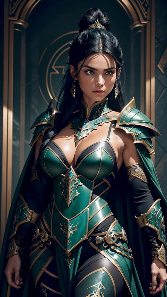 She has a mature, defined face with a firm jawline and high cheekbones, intense green eyes, and long black hair styled in an elegant bun with loose strands framing her face. Her skin is tanned and glowing. She has a curvier and more athletic physique, with well-defined muscles and an imposing yet graceful presence. Elara is wearing an elaborate armor made from the spoils of Nargoth. The armor is dark metal with glowing runes and features blue, ice-like adornments. It includes stylized shoulder pads, a robust chestplate with dragon emblems, and a flowing cape, reflecting strength and elegance.