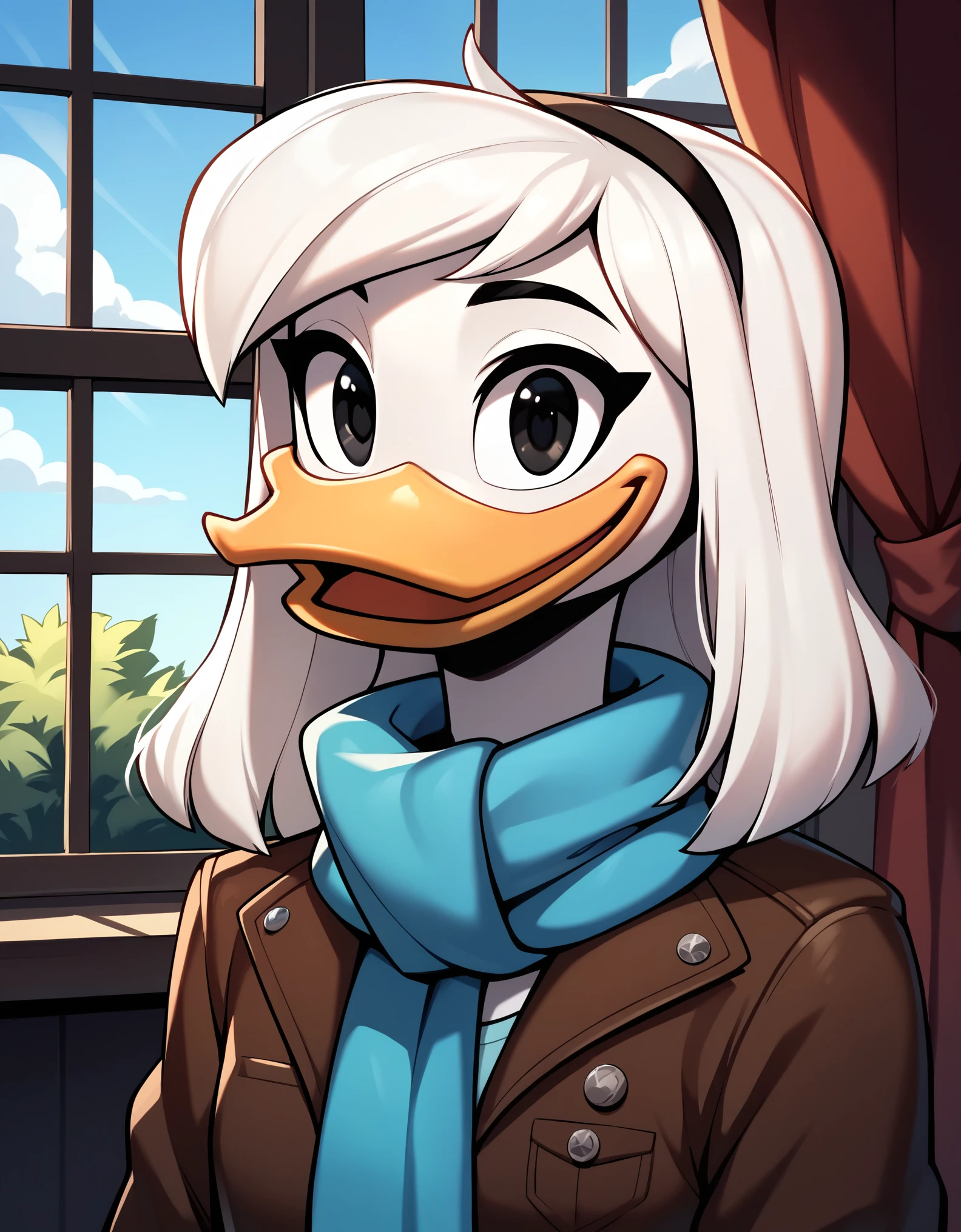 score_9, score_8_up, score_7_up, score_6_up, source_furry, (by ducktales) (by kyurisawa:1.2) (by chelodoy:1) (by ashraely:1) (anthro duck) (white hands:1.1) (headshot portrait:1.1) (della duck:1.2) (beak) (white hair) (black eyes) (happy) (clothed, clothing:1.3) (teal scarf) (brown_flight_jacket) (collar) (white skin:1.2) (solo:1.1) (mansion, window) ( morning:1.3)