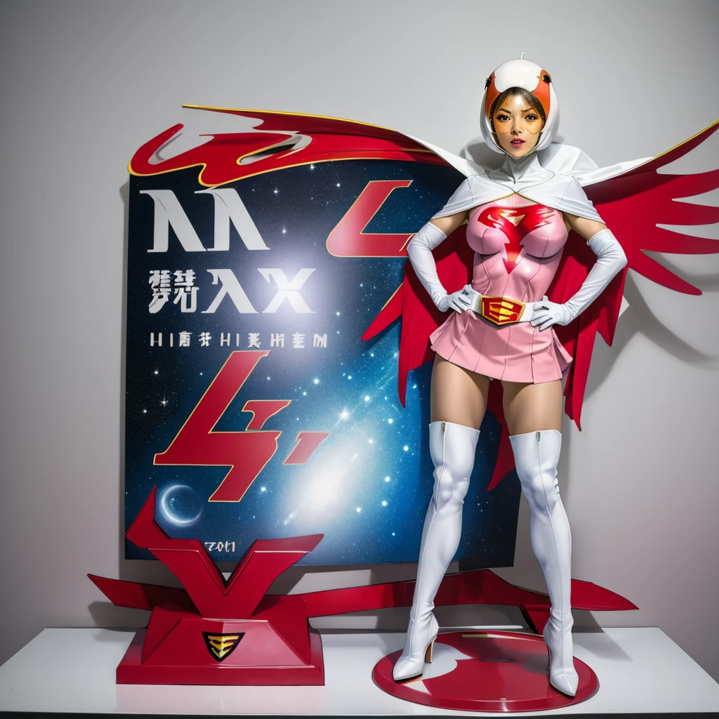 ANI_CLASSIC_jun_gatchaman_ownwaifu,1girl, 15 years old,good anatomy, masterpiece, best quality,realistic, hyper realistic, 16k hdr, long hair,breasts,lips,large breasts,lipstick,makeup,gloves,cape,helmet,belt,elbow gloves,white gloves,mask,ultra miniskirt,leotard,spacesuit,white tight overknee highheels boots,pink dress,superhero,bodysuit,cleavage,erected nipples,(stand pose,hands on hip),(spread legs:1.1),cameltoe