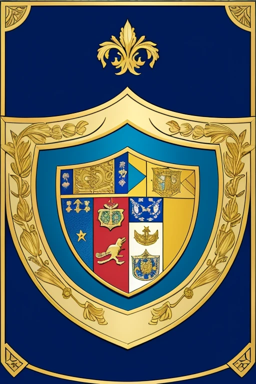 Image of a coat of arms or family blazon. The shield is divided into four quadrants with different symbols: the upper left quadrant has a sun, the upper right quadrant has a fleur-de-lys, the lower left quadrant shows a tree and the lower right quadrant contains a lion rampant. Above the shield is a knight's helmet, and an elaborate ornament of acanthus leaves in blue and gold. Below the shield an inscription "SOLANO RAMIREZ". The color palette of the shield consists mainly of blue, gold, green and brown.