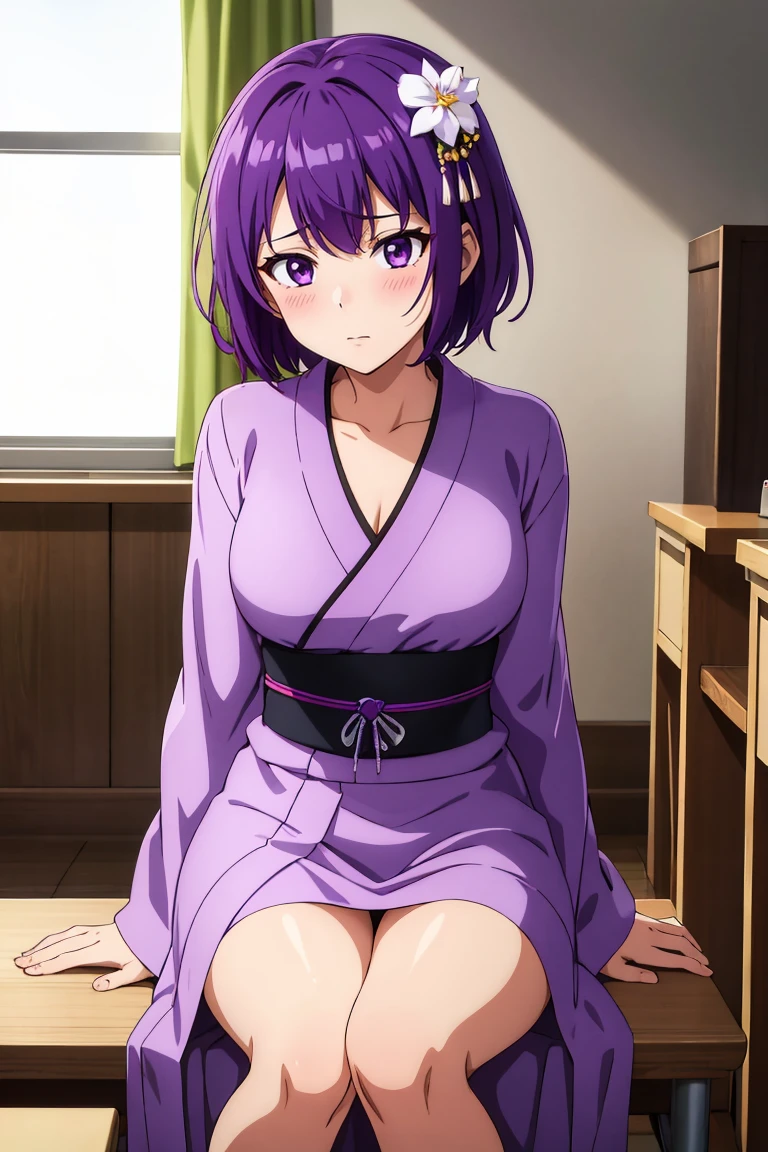(artwork, best quality) a girl with short purple hair, purple eyes, purple kimono dress with white flowers, medium breasts, hot look, blushing, average height, sitting, in a classroom