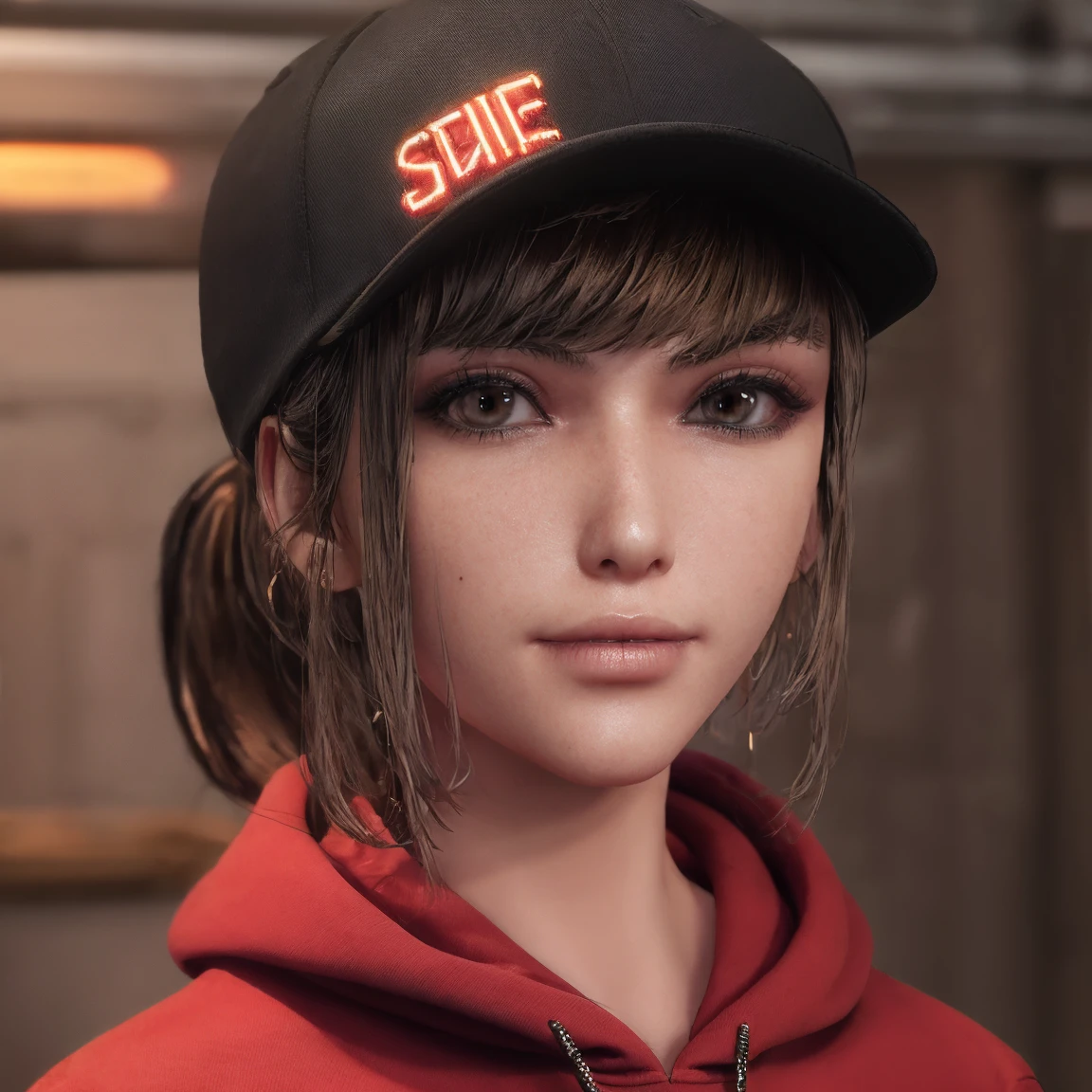 (masterpiece), best quality, expressive eyes, frontal pose, smile closed, perfect face,portrait face , Brown eyes, Eve, Short bob haircut, Stellar blade, Fringe hair, Athletic body, Ponytail hair, unreal engine skin:0.3,blushing cheeks:1.4, tight breast, looking at viewer,, cyberpunk bedroom, night, neon glow spothlighs in the walls, (snapback hat, Red hoodie hip hop clothes), high eyes details,