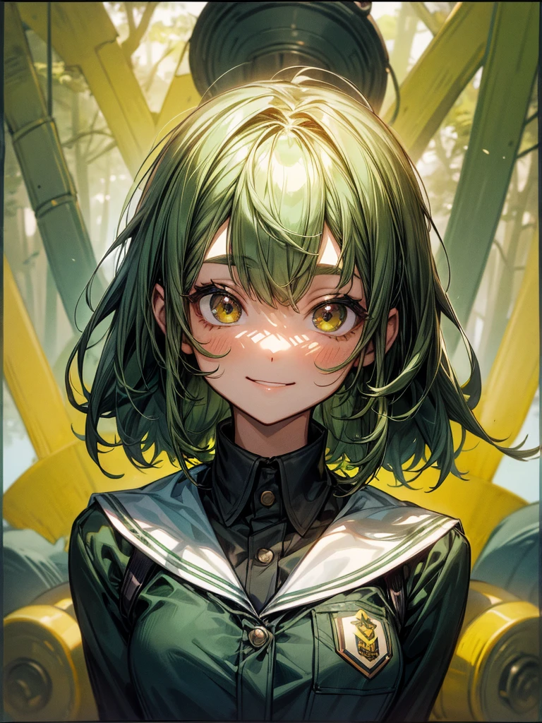 Young girl, short, messy green hair framing a face dominated by large, curious brown eyes and a warm smile. The uniform she wore identified her as a high school student. She is in a forest.