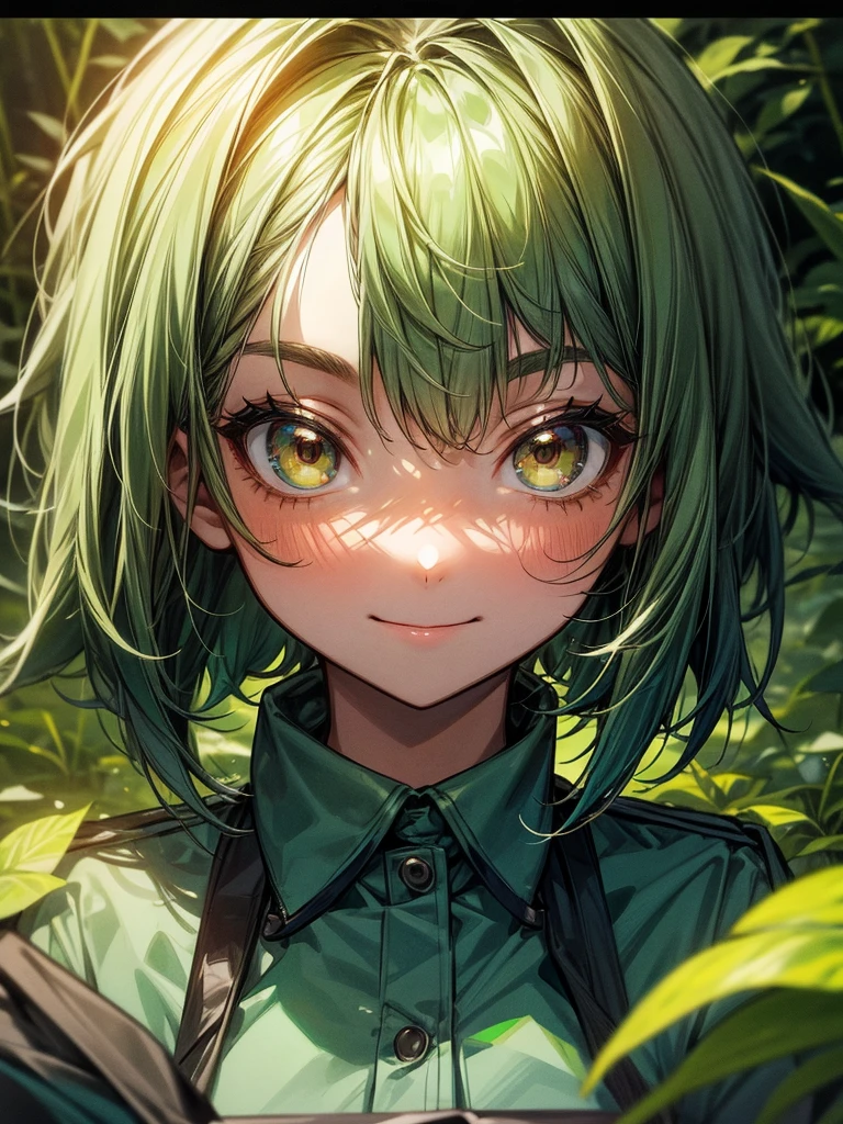 Young girl, short, messy green hair framing a face dominated by large, curious brown eyes and a warm smile. The uniform she wore identified her as a high school student. She is in a forest.