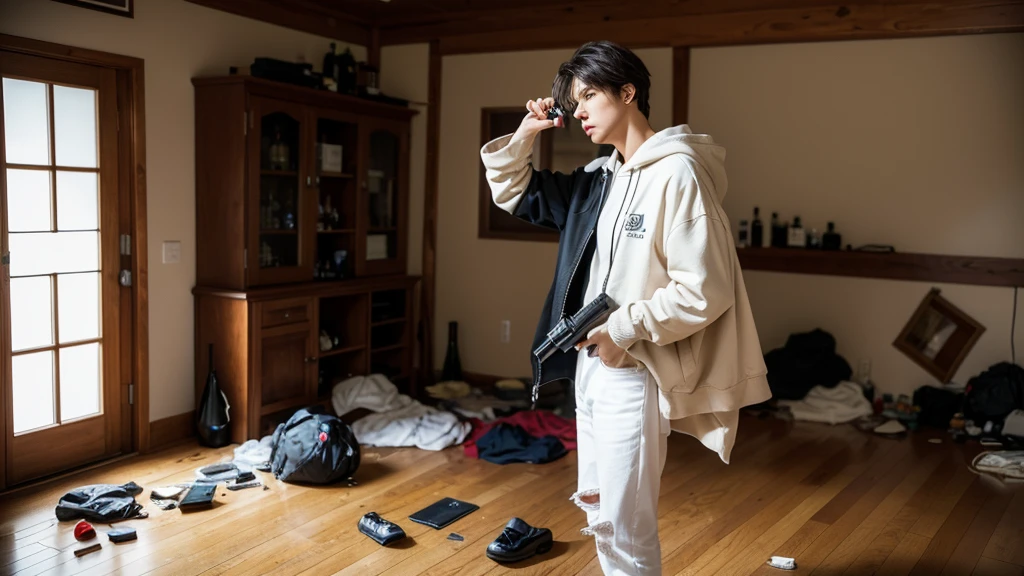 masterpiece, highest quality, (solo focus), (hyper detailed eyes), dramatic, 1 man, (pale skin), short brown hair, (thick eyebrows), solo, short hair, night, white hoodie and white shirt, black jacket, detailed background, cinematic lighting, japanese male, muscular, black jeans, black sneakers, handsome man, handsome face, sad blank face, glass of whiskey (on the floor), looking forward, holding a revolver in his left hand (Nambu Model 60 on the left hand), serious face, depressed stare, tired look, trashed room, empty alcohol bottles everywhere, standing,