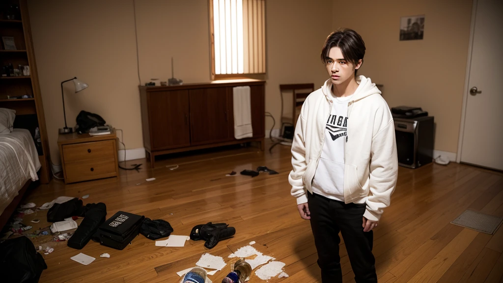 masterpiece, highest quality, (solo focus), (hyper detailed eyes), dramatic, 1 man, (pale skin), short brown hair, (thick eyebrows), solo, short hair, night, white hoodie and white shirt, black jacket, detailed background, cinematic lighting, japanese male, muscular, black jeans, black sneakers, handsome man, handsome face, sad blank face, glass of whiskey (on the floor), looking forward, holding a revolver in his left hand (Nambu Model 60 on the left hand), serious face, depressed stare, tired look, trashed room, empty alcohol bottles everywhere, standing,