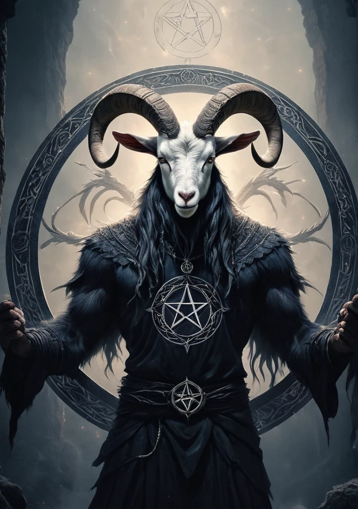 Baphomet, RAW photo of an anthro goat  drawing a summoning circle, pentagram, innocent,  super detail, ultra-realism, Dreamyvibes Artstyle,