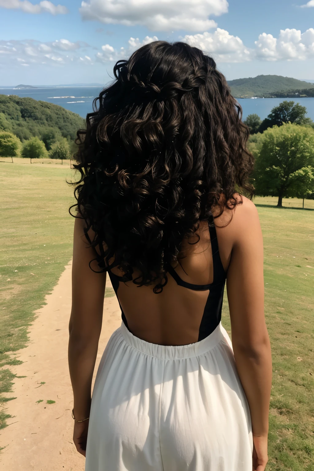 ((Best Quality)), ((masterpiece)), (detailed), 1 beautiful black girl with curly hair from behind watching a nice landscape
