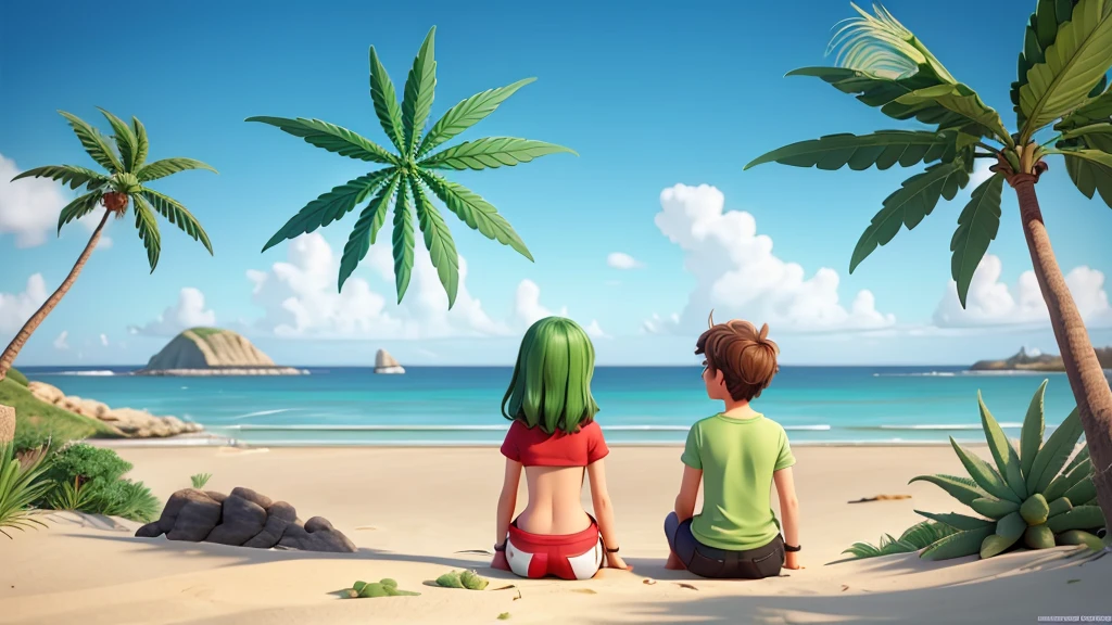 2 friends on the beach looking at the sea with cannabis sativa vegetation