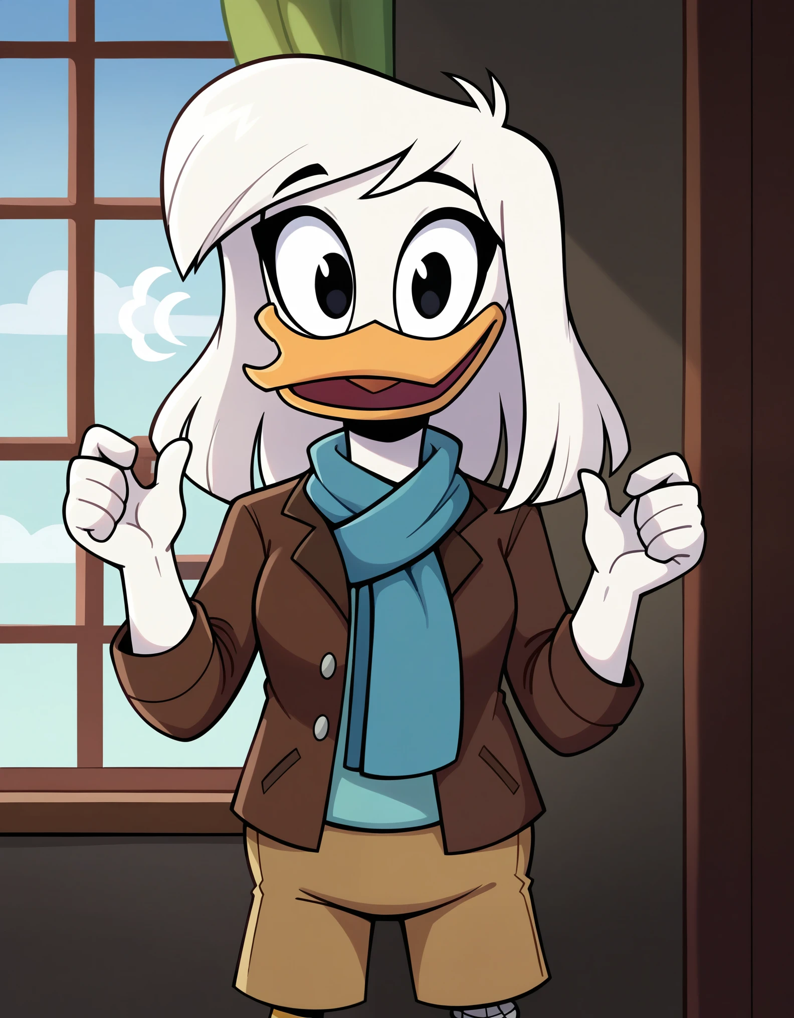 (by ducktales)  (by kyurisawa:1.2) (by chelodoy:1) (by ashraely:1) (anthro duck) (white hands:1.1) (della duck1.2) (white hair) (front view:1.2) (black eyes) (wide eyed) (happy) (clothed, clothing:1.3) (prosthetic leg:1.2) (teal scarf) (brown_flight_jacket) (tan shorts) (collar) (white skin:1.2) (solo:1.1) (inside, window) ( morning:1.3) (portrait)