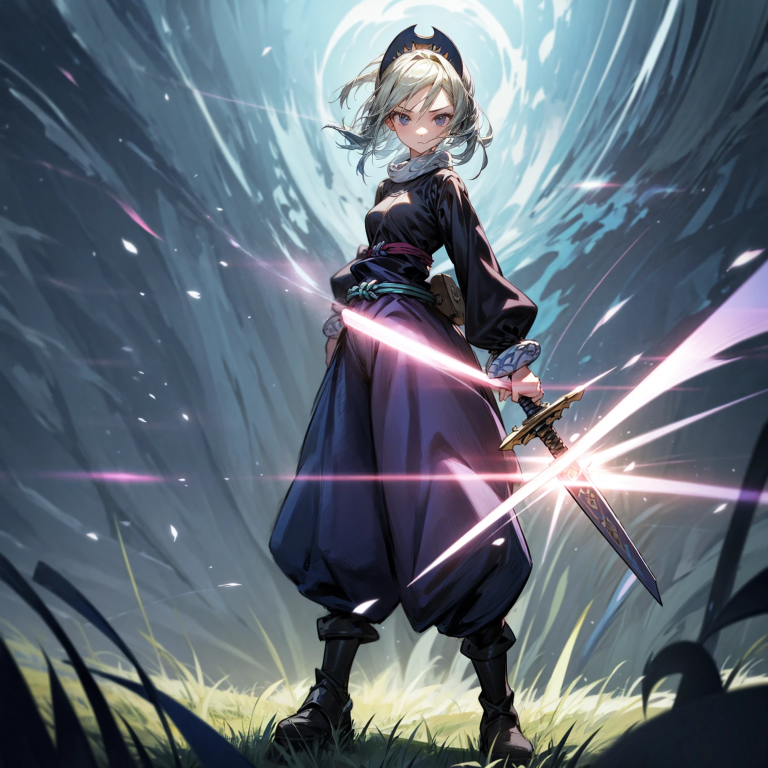 1girl, Full body version, 1character, black eyes, long Frizzy haircut, blue colour hair, medieval clothing, long pants, headband, boots, Grassroots, full background in field town, motion blur, lighting, (one piece art), standing poses, sword in hand