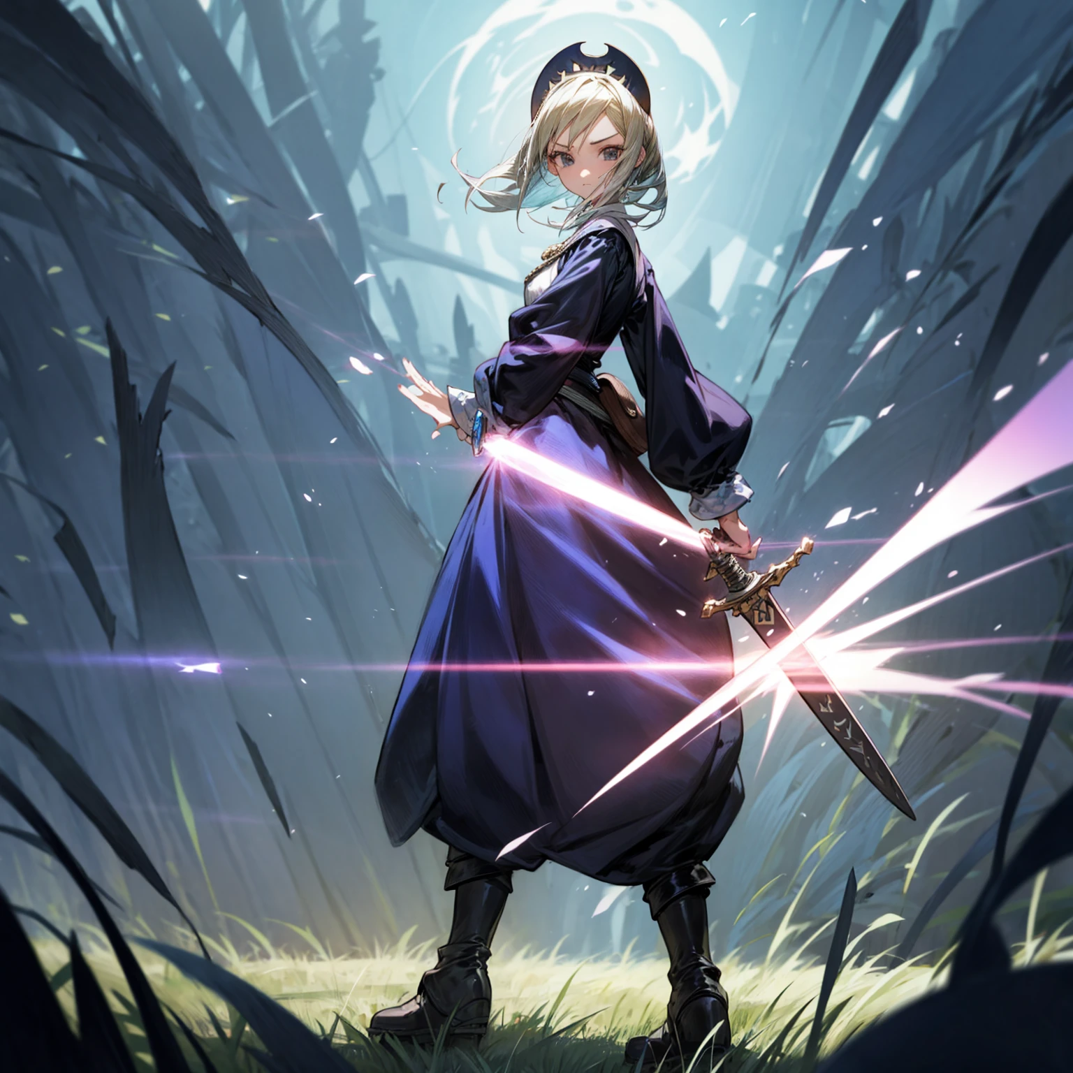 1girl, Full body version, 1character, black eyes, long Frizzy haircut, blue colour hair, medieval clothing, long pants, headband, boots, Grassroots, full background in field town, motion blur, lighting, (one piece art), standing poses, sword in hand