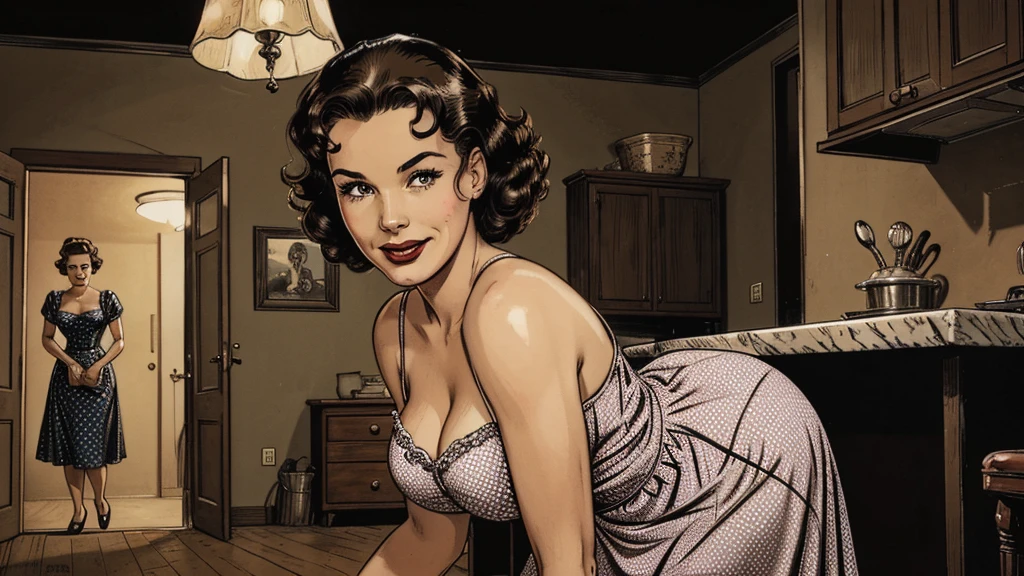 The vintage advertisement appears to celebrate 1950s domesticity at first glance. In the foreground, a smiling housewife poses holding a vintage vacuum, embodying the can-do attitude of the era's homemakers. She wears a classic polka-dot dress with a modest sweetheart neckline that hints at her shapely figure and large breasts. Perfectly coiffed brunette curls frame her made-up face.
However, a closer look reveals a darker, sinister presence. In the background is a horrible, horrible, scary, frightening monster, staring directly at the housewife's ass.
Blending the saccharine-sweet feminine ideals of the era with a full-blown sci-fi horror beyond imagination!