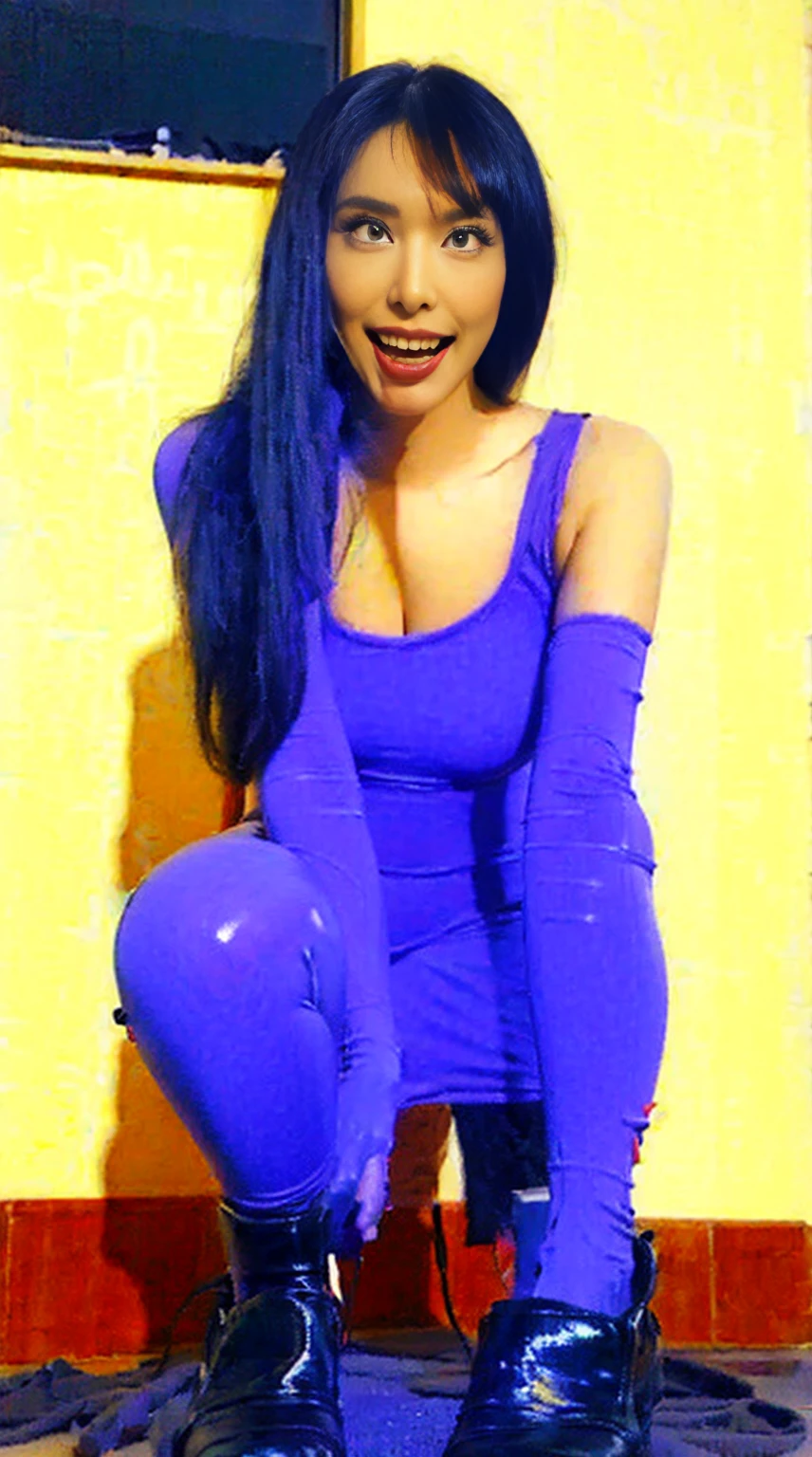 Purple and black tight latex high leg leotard、Tight and protruding nipples、Wicked Smile、Black and purple tight latex leotard、Hollow Eyes、Euphoric、Very dark black makeup、Jet black lipstick、Legs spread in an M shape、Abandoned factory in the suburbs、Latex long boots、Wearing long latex gloves、
