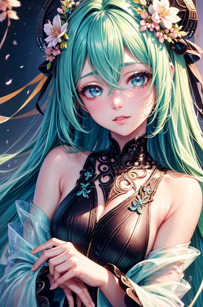A beautiful, detailed portrait of Hatsune Miku, the famous Vocaloid character, 1girl, beautiful detailed eyes, beautiful detailed lips, extremely detailed face and hair, long eyelashes, intricate hairstyle, detailed facial features, colorful anime-style outfit, dynamic pose, detailed background with cherry blossoms, photorealistic, vibrant colors, soft lighting, digital art, highly detailed, 8k, best quality
