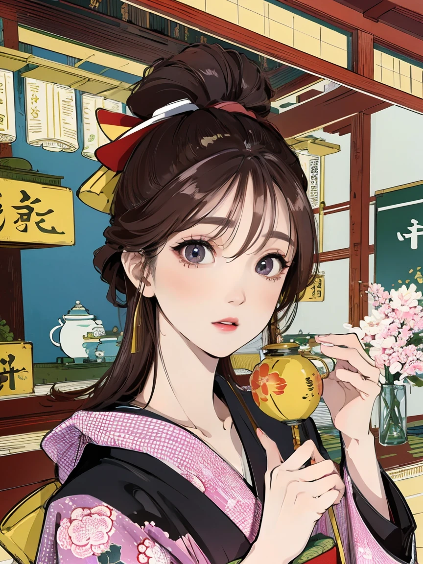 (Highest quality、 8k 、masterpiece、High resolution)、(whole body)、Vibrant colors、Brown-black bob、Traditional topknot、Ample breasts、(Highly detailed face and eyes,Beautiful Face,Beautiful Eyes,Beautiful nose,Pretty lips)、Official Art、Ukiyo-e style、 (Beautiful woman in kimono)、(Vivid floral patterned kimono)、background、river、bridge、Mountain、wood、Starry Sky、moon、plum、Lantern、